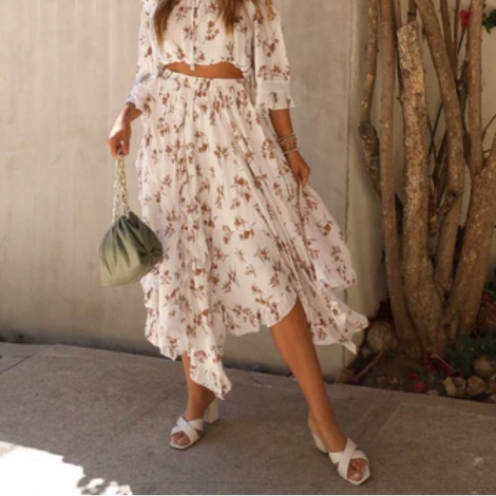 Neutral Floral Print Midi Skirt